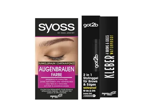 Syoss Augenbrauen Kit Dunkelbraun mit got2b Kleber für perfekten Halt - Syoss Augenbrauenfarbe in Dunkelbraun für bis zu 10 Anwendungen. Das Set umfasst einen schweiß- und wasserfesten got2b Kleber, ideal für präzise Konturen und starken Halt bis zu 24 Stunden.