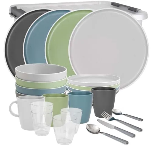 BRUNNER Melamin Geschirr-Set Camping | 36-Teilig für 2-4 Personen - Hochwertiges, kratzfestes Melamingeschirr für Camping, Picknicks und Grillen. Stapelbar und rutschfest für einfachen Transport. Spülmaschinenfest und BPA-frei für sorgenfreies Genießen.