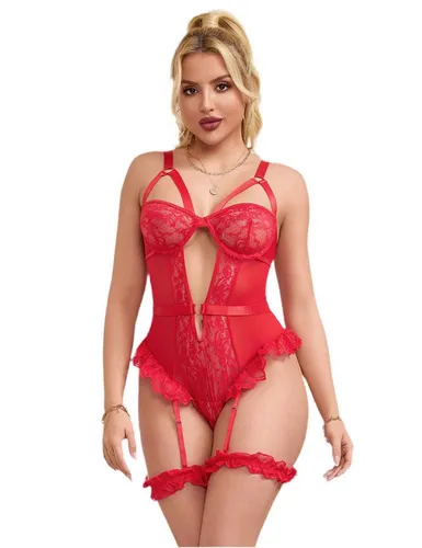 Lau-Fashion Damen Dessous Body mit Strapse in Rot S/M - Eleganter Body aus atmungsaktiver Polyester-Mischung, ideal für besondere Anlässe. Bequem und figurbetont mit Spitzenapplikationen für einen verführerischen Look.