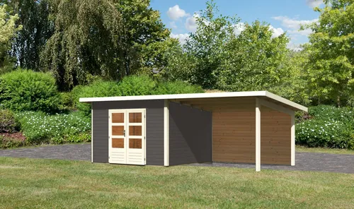 Karibu Gartenhaus Northeim 3 mit Anbaudach - Stabil und Vielseitig - Gartenhaus aus hochwertiger nordischer Fichte mit 38 mm Wandstärke und Anbaudach für zusätzlichen Stauraum. Ideal für Gartenliebhaber, die ein robustes und funktionales Gartenhaus suchen.