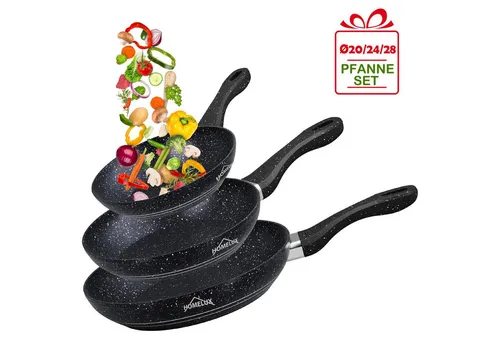 Homelux/Biko Pfannen Set schwarz - 3-teilig mit Antihaftbeschichtung - Hochwertiges 3-teiliges Aluguss Pfannen Set (28 cm, 24 cm, 20 cm), ideal für alle Herdarten inklusive Induktion, mit langlebiger Antihaftbeschichtung für müheloses Kochen.