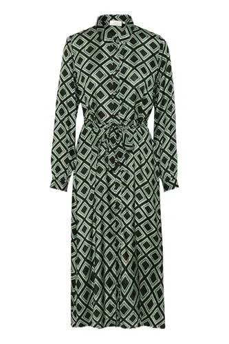 KAFFE Kleid Kaoline Damen Kleid V Ausschnitt Freizeitkleid Punkte Langarm Elegant Hohe Taille Abendkleid Black Deep/Green Geometric 40