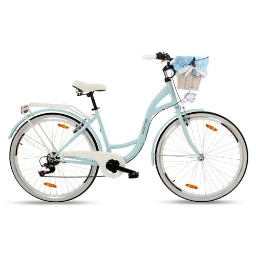 Goetze Mood 28 Zoll Damen Citybike, 18 Zoll Tiefeinsteiger Stahlrahmen, 7-Gang Kettenschaltung, doppelte V-Bremsen, LED-Beleuchtung, Rattankorb, Komfortsattel, mit Seitenständer & Klingel