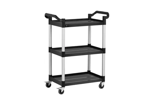 Royal Catering Servierwagen RC-PSTB3800 - Beistellwagen mit 3 stabilen Ablagen, belastbar bis 90 kg, ideal für Gastronomie und Haushalte. Robuste Konstruktion und wendige Leichtlaufrollen für einfachen Transport.