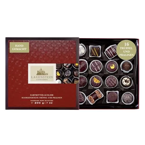 Lauensteiner Edelbittere Spezialitäten | 200g in Geschenk-Box | 16 zartbittere Pralinen mit Alkohol | Geschenk für Mann oder Frau