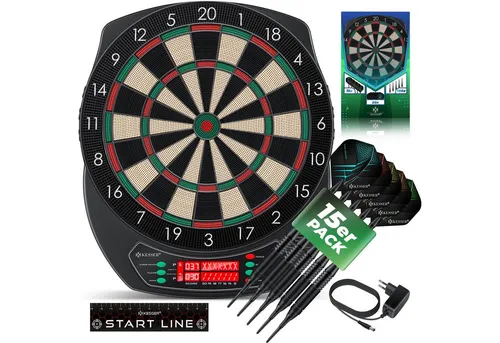 KESSER Elektronische Dartscheibe Profi Set - E Dartboard für 1 bis 8 Spieler, inkl. 15 Pfeilen, 35 Flights und 100 Spitzen, ideal für spannende Spieleabende
