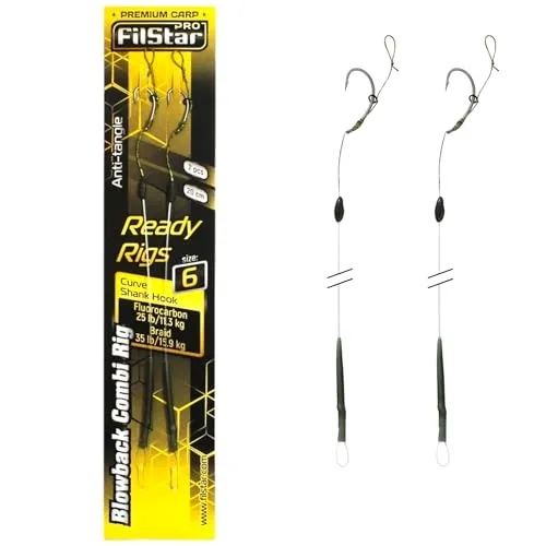 PRO FILSTAR Karpfenangeln Blowback Combi Rig Angelhaken N6, Fluorocarbon Vorfach 11kg, Flechtschnur 15kg - Аnti Тangle Sleeve - Curve Shank Hook - Pop Up Angel Köder - Boilies Haar Rig, Karpfen Angeln