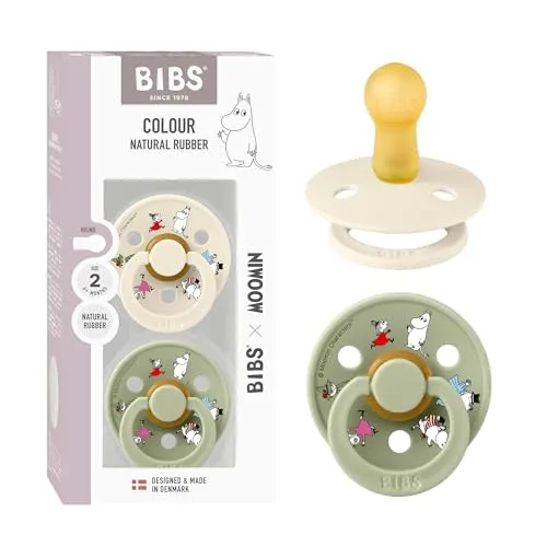 Moomin x BIBS Colour Schnuller, 6-18 Monate, 2er-Pack, Ivory/Sage | Runder Sauger | Naturkautschuklatex | Größe 2 | BPA-frei | Hergestellt in Dänemark | Hohe Akzeptanz | Luftlöcher