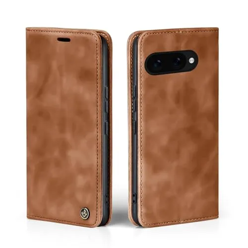 LBH Handyhülle für Google Pixel 9a in Hellbraun mit Karten- und Geldfach Smartphone Hülle mit Standfunktion Flip Case Schutzhülle Magnetverschluss Vintage