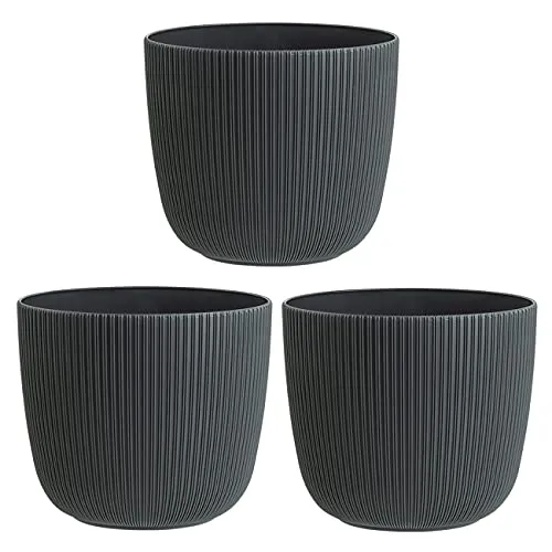 Engelland - 3 x Blumentopf mit Drainagesystem, Anthrazit-Grau, Rillenoptik, Pflanz-Topf, Kübel, modern, widerstandsfähig, rund, wetterfest, Kunststoff, Ø 29 cm, 13 Liter