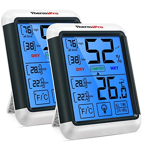 ThermoPro TP55 digitales Thermo-Hygrometer 2er Set - Präzise Temperatur- und Luftfeuchtigkeitsmessung mit schnellem Update-Intervall. Das beleuchtete Display und der Touchscreen sorgen für einfache Bedienung. Ideal zur Raumklimakontrolle in jedem Raum.