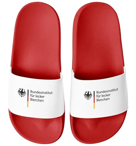 MoonWorks® Badeschlappen Badelatschen Unisex mit Aufdruck Bundesinstitut für lecker Bierchen Bedruckt Herren Damen Badeschuhe Männer Frauen Geschenk Rot-weiss 47