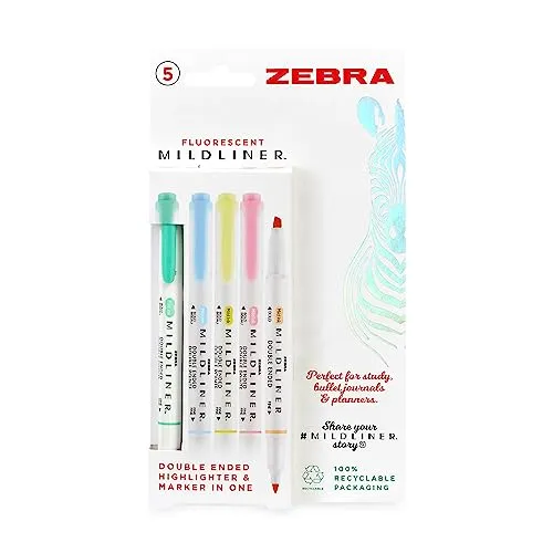 Zebra Fluoreszierender Mildliner, sortiert, 5 Stück (Blau, Gelb, Rosa, Orange, Blau und Grün)