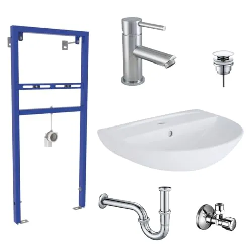 Belvit Waschbecken Set 50 cm mit Armatur und Siphon - Waschtisch Komplettset aus hochwertiger Keramik, inkl. Armatur und SCHELL Eckventil, ideal für moderne Badezimmergestaltung.