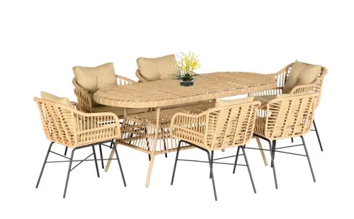 Set 7tlg. Gartenmöbel Esstisch und Stühle für Terrasse und Balkon - Hochwertige Essgruppe aus Rattan in Beige, ideal für bis zu 6 Personen. Modernes Design, ovaler Tisch (180x90 cm) und komfortable Stühle für den Außenbereich.
