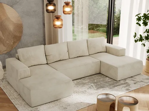 MKS MEBLE Sofa mit Schlaffunktion - Trentino U in Beige Velvet - Ecksofa mit Schlaffunktion und Bettkasten, ideal für modernes Wohnen. Der geräumige Bettkasten bietet praktischen Stauraum und der DL-Mechanismus ermöglicht ein schnelles Ausklappen zur Schlafcouch.
