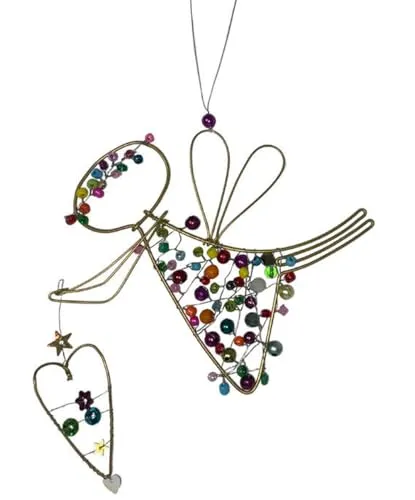Perlen Engel mit Herz, Gold mit bunten Perlen zum Aufhängen 11 x 12 cm - Engel aus Draht, Drahtherz, Fensterdeko Liebe, Muttertag