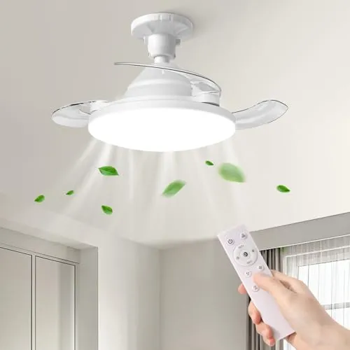 YISUN Deckenventilator mit Beleuchtung und Fernbedienung, Versteckte Einziehbare Flügel, leises Ventilatorlicht, 3 Geschwindigkeiten und Dimmbar, für Schlafzimmer, Küche, Weiß, 57cm