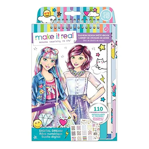 Make It Real Mode-Skizzenbuch, das sich an Emojis inspiriert, mit Schablonen und Aufkleber für Kreativität – Kunst- und Bastelarbeiten für Kinder Malbuch – Geschenke für Mädchen