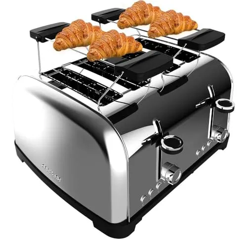 Cecotec Vertikaler Toaster 4 Kurze Schlitze Toastin time 1700 - 1700 W, 3,8 cm breite Schlitze für grobes Brot, elegante Edelstahl-Oberfläche und praktische Funktionen für perfektes Toasten