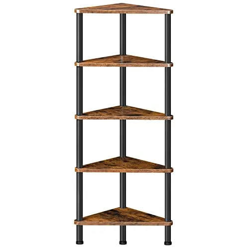HOOBRO Eckregal mit 5 Ebenen, industrielles Eckregal Stehend, Bücherregal, Standregal, Eck-Bücherregal zur Präsentation von Pflanzenblumen, Aufbewahrungsregal für kleine Räume, Vintagebraun EBF33CJ01