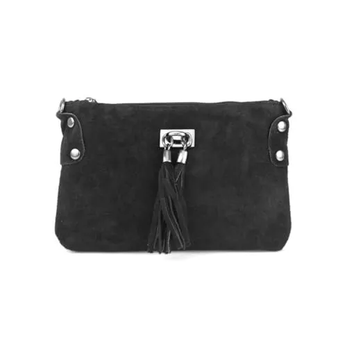 Italienische Damen Wildleder Clutch Tasche mit Fransen und Schultergurt - Elegante Schultertasche aus 100% echtem italienischem Wildleder. Verstellbarer, abnehmbarer Schultergurt und stilvolle Fransen verleihen dem Modell einen glamourösen Touch. Ideal für Urlaub und Ausgehen.