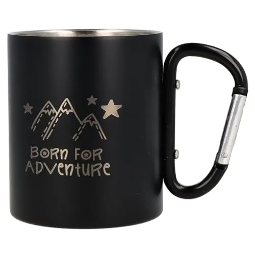 Spruchreif | Edelstahltasse mit Karabinerhaken Henkel mit Gravur Born for adventure in Schwarz Matt | Geschenk für Camper und Wanderer | Geschenke für Bergsteiger