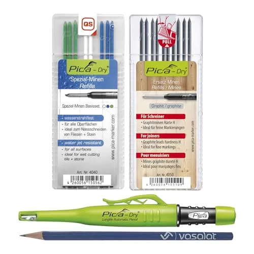 Pica Marker Set - Pica Dry Tieflochmarker + 10 Ersatzminen Härte H + 8 Ersatzminen wasserstrahlfest in blau/weiß/grün