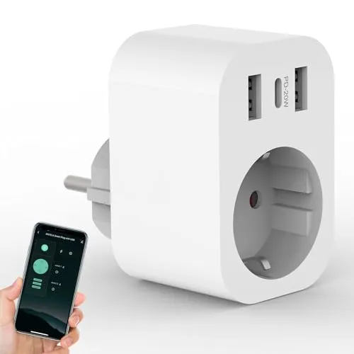 ANTELA Smart Wlan Steckdose mit Strommessung 2 USB A und 1 Typ-C (20W Schnellladen), Alexa/Google Home kompatibel, Stromverbrauch Messen, Smart Life APP, 2,4GHz, 16A 3680W