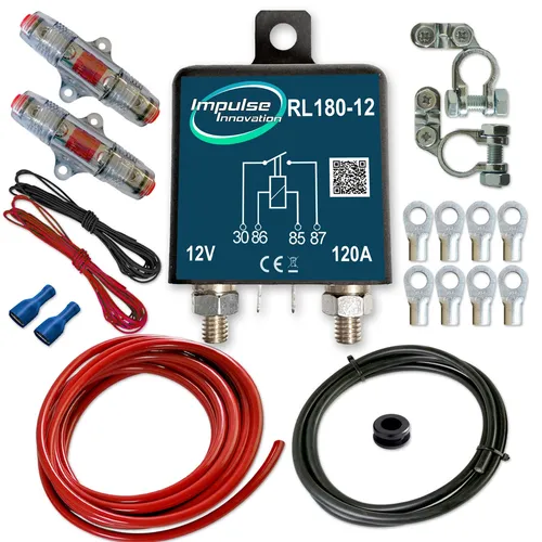 RL180 Trennrelais ECO Komplettset 5,8m CCA AWG4 - Relais für 12V Systeme, mit 100A Nennstrom und 5,8m Kabel, ideal für zuverlässige Trennung von Stromkreisen in Fahrzeugen.