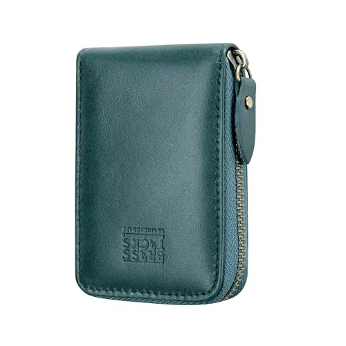 BRASS TACKS Leathercraft Kreditkartenetui mit Reißverschluss, Kartenetui für Männer und Frauen, echtes Leder, RFID-blockierend, Mini, blaugrün, M, Retro