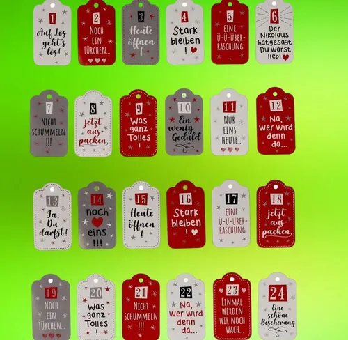 24x  Anhänger Adventskalender Sprüche Zahlen Sticker basten selbst befüllen