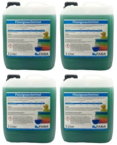 FABA Flüssigwaschmittel Konzentrat 4 x 5 L, grün, frisch angenehm, gratis Auslaufhilfe