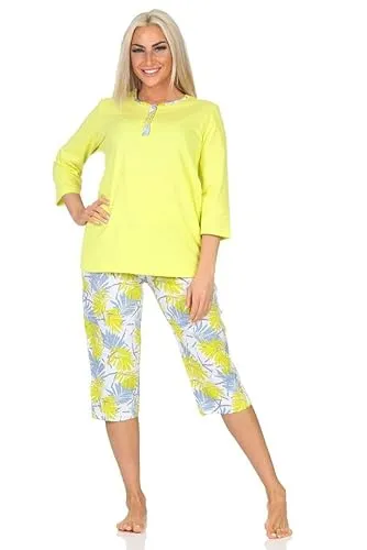 Normann Wunderbarer Damen Kurzarm Pyjama mit Caprihose in floralem Print - auch in Übergrössen, Farbe:grün, Größe:40-42