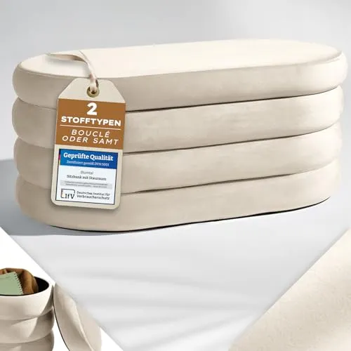 Blumtal Sitzbank mit Stauraum XL oval - Samtoptik, komfortabel und vielseitig - Vielseitige Sitzbank mit Stauraum – ideal für Flur, Schlafzimmer oder Wohnzimmer. Großzügiger Stauraum unter dem gepolsterten Deckel und komfortable Sitzhöhe für entspannten Komfort. Robuste Konstruktion, sofort einsatzbereit.
