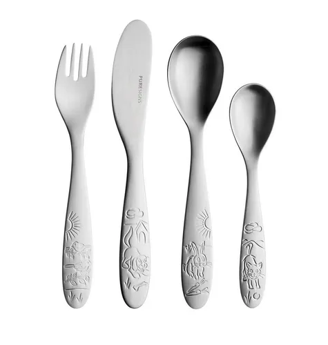 PURESIGNS Kinderbesteck PETYS (4-tlg), 1 Personen, Edelstahl 18/10, Plastikfreier Essgenuss für die Kleinen