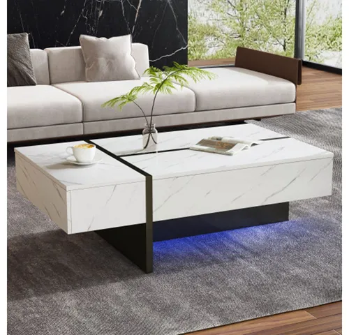 XDeer Couchtisch Couchtisch mit LED-Beleuchtung, Marmormuster, Hochglanz Tischplatte, Couchtisch, Couchtisch, Sideboard für Wohnzimmer