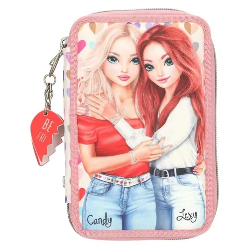 Depesche TOPModel Heart to Heart - Gefüllte 2-Fach Federtasche - Stylische Federtasche für Mädchen in Rosa und Beige, ideal für Schule und Freizeit. Mit 18 Buntstiften, Schere und coolen Extras ausgestattet. Maße: ca. 19 x 12 x 5,5 cm.