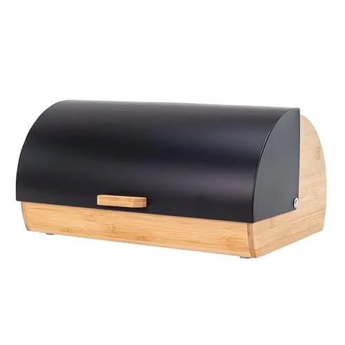 Erreke Brotkasten, Frisches Brot für längere Zeit, Bewahrt das Aroma, Brotkasten Schwarz, Brotbehälter Hergestellt aus Stahl und Bambus, Schiebedeckel, Brotbox Schwarz