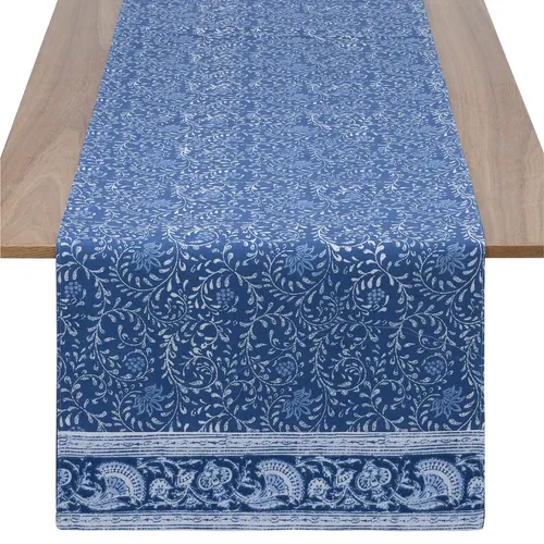 Tischläufer modern Blau 40x240cm - 100% Baumwolle - Tischdecke waschbar Blumen