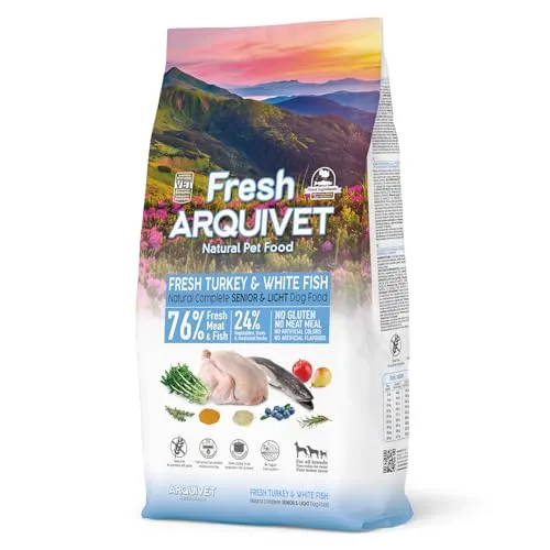 Arquivet Fresh Senior Light Pute & Weißfisch 10Kg - Halbfeuchtes Hundefutter - Halbfeuchtes Futter für ältere oder übergewichtige Hunde, mit 50% frischem Truthahn und 26% frischem Weißfisch. Glutenfrei und kaltgepresst für hohe Verdaulichkeit und weniger Fäkalien.