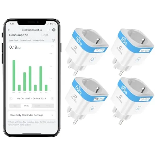 EIGHTREE WLAN Smart Steckdose 4er Pack - Smart & Ferngesteuerte Stecker mit 5GHz WLAN für schnellere Verbindungen, Energieverbrauch messen und bequeme Steuerung über App oder Sprachassistenten.