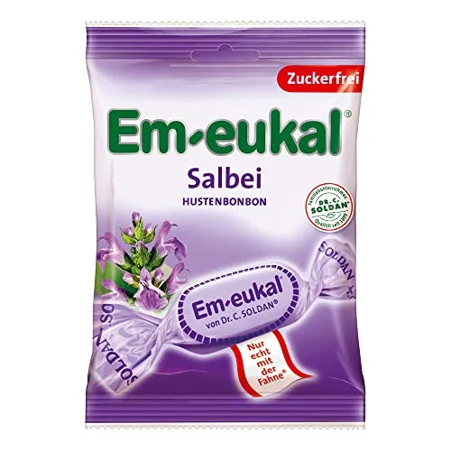 Em-eukal Salbei Hustenbonbon zuckerfrei 75g – Aromatisch und kräuterig-frisch mit feinem Salbeiextrakt und hochwertigen ätherischen Ölen – Mit Vitamin C (1 x 75g)