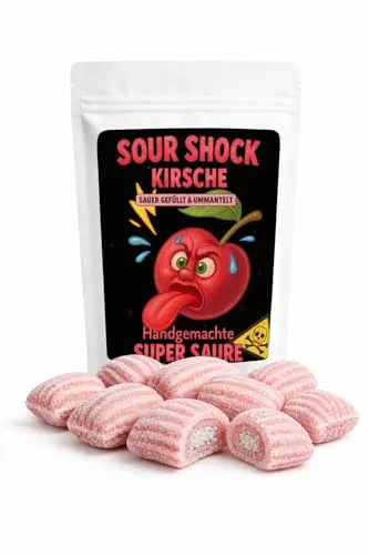 Produktbild Super saure Bonbons Kirsche 180g – Sour Shock – extrem sauer gefüllt & ummantelt – Bömskes Bonbonmanufaktur