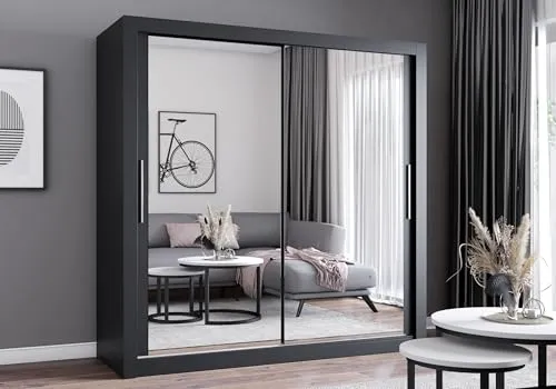 Fabryka Mebli Idźczak Kleiderschrank mit Spiegel - Schwebetürenschrank - Moderner Kleiderschrank mit großem Spiegel und leichtgängigen Schiebetüren, ideal für Schlafzimmer oder Ankleidezimmer. Bietet optimale Organisation und verleiht dem Raum mehr Licht und Weite.