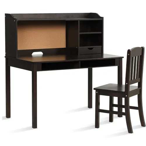 COSTWAY Kinderschreibtisch Set mit Pinnwand, Stuhl und Regal - Geräumiger Schreibtisch mit vielseitigem Stauraum, ideal für Lernen und Kreativität. Robuste Konstruktion aus MDF und Kiefernholz, passt perfekt in jedes Kinderzimmer.