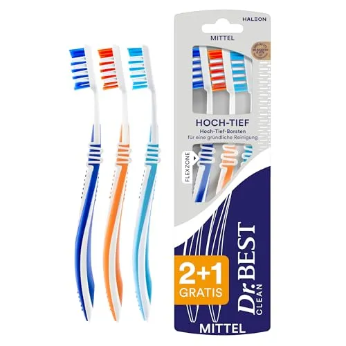 Dr.BEST Hoch-Tief Zahnbürste, Mittel, Vorteilspack - Handzahnbürsten mit Hoch-Tief-Borsten für gründliche Reinigung und schonendes Putzen dank abgerundeter Borsten. Ergonomischer Griff für optimale Kontrolle.