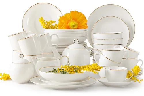 KONSIMO® Kombiservice AD BELLA Kaffeeservice, Tafelservice, Hartporzellan, Teeservice (45-tlg), 6 Personen, Porzellen, Porzellan, ecru Farbe mit Goldlinie, Handwäsche empfohlen, Elegant