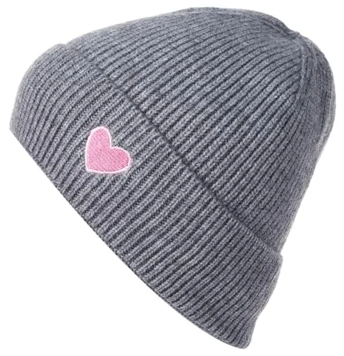 styleBREAKER Damen Strick Beanie mit Herz Stickerei & Fleece Futter | Warme Wintermütze Einheitsgröße 56-59 cm | Weiche gefütterte Beanie Mütze, Farbe:Grau meliert
