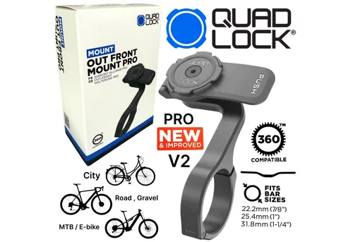 QUAD LOCK Fahrrad Fronthalterung PRO V2 Alu CNC - Robuste Handyhalterung für Fahrräder, aus hochwertigem Aluminium gefertigt, ideal für sicheren Halt und einfache Handhabung unterwegs.